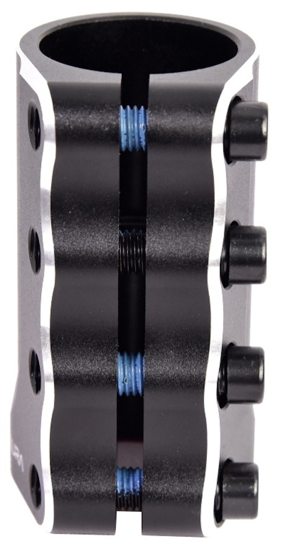 The CORE Aura 4 Bolt Oversized SCS Stunt Scooter Clamp by CORE is a black aluminium clamp with four bolts and wavy silver edges, designed to securely fasten parts on a stunt scooter.