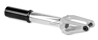 The Ethic DTC Merrow V3 IHC Stunt Scooter Fork in raw silver is a lightweight, machined 7075 aluminium fork with two wheel prongs and a black compression cap, shown on a white background.