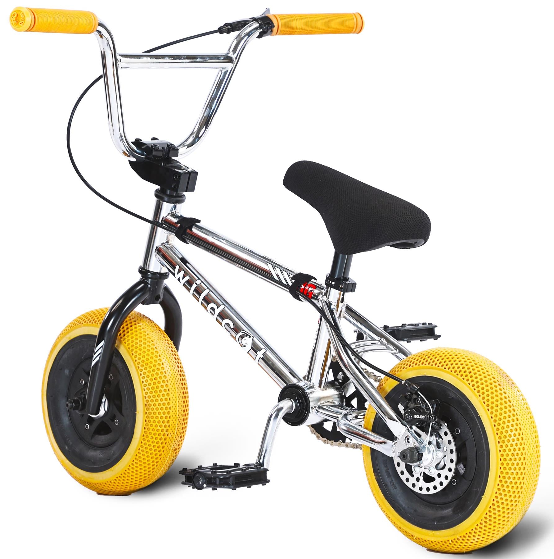 The Wildcat OG 3A Mini BMX Bike - Galaxy Gum features a chrome frame with "Wildcat" branding, thick yellow PRO Street 65PSI tyres, black pedals and seat, yellow handlebar grips, and CNC aluminium wheel rims.