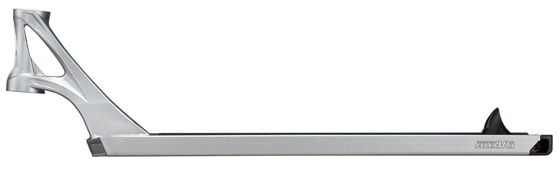 A Blunt Envy AOS V6 Jonathan Perroni Signature Stunt Scooter Deck, 6.5" x 23", silver with an angular head tube on the left and a black rear brake, shown side-on against a white background.