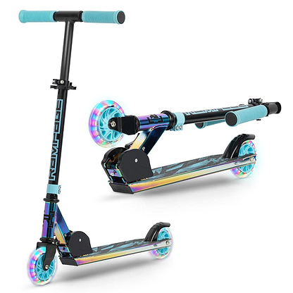 Two Rampage Light Up Foldable Kick Scooters in Neochrome/Blue shown upright and folded.
