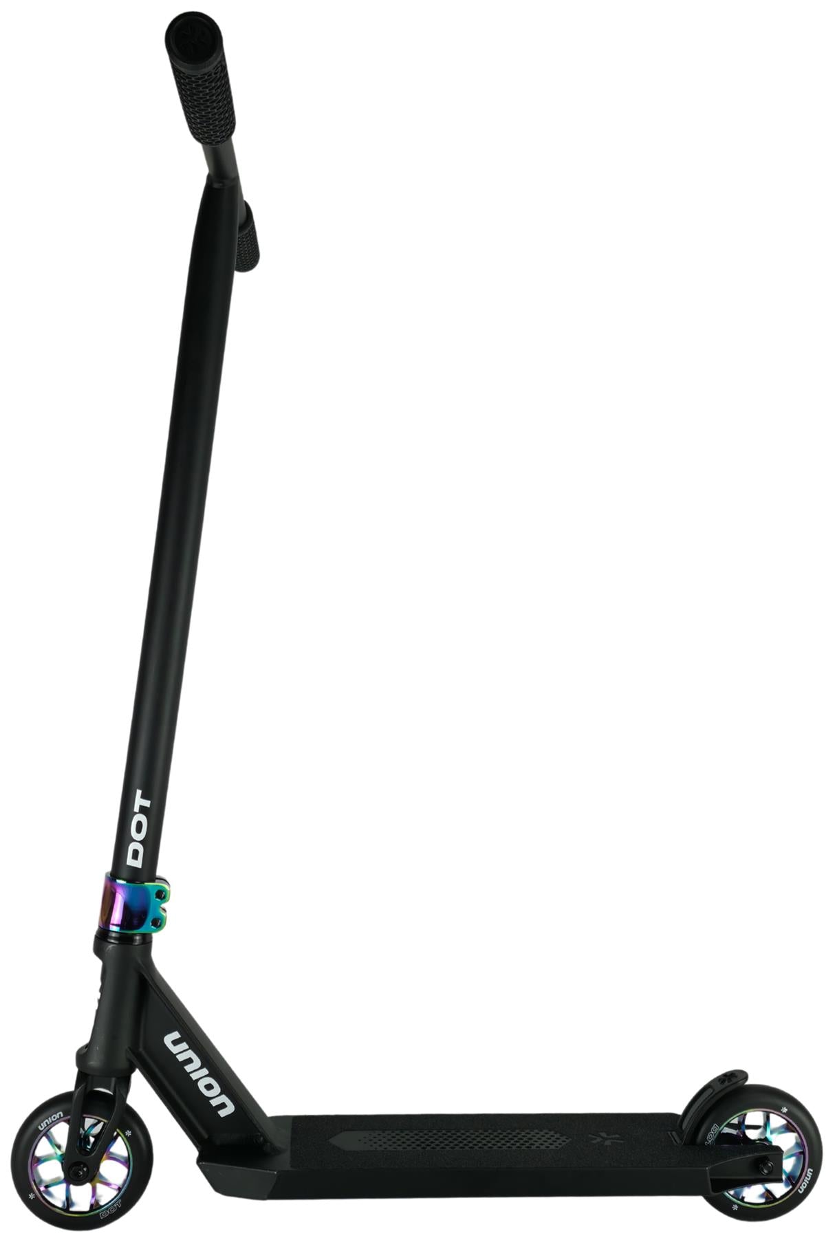 The Union Dot Complete Stunt Scooter - Black / Neochrome features a tall handlebar, rainbow neochrome clamp, iridescent small wheels, and "UNION" and "DOT" branding—perfect for stylish street riding.