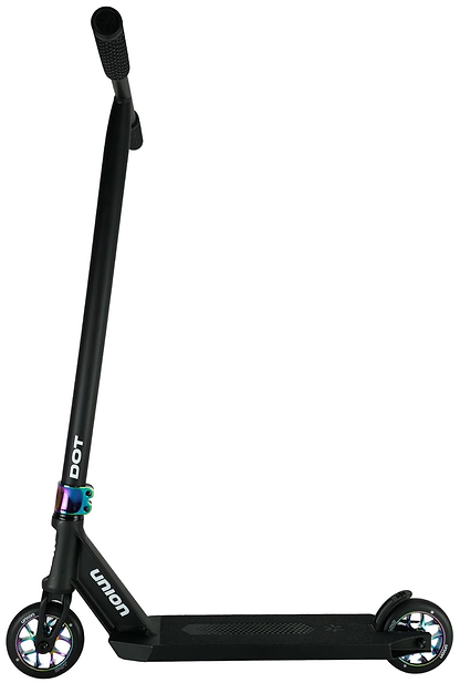 The Union Dot Complete Stunt Scooter - Black / Neochrome features a tall handlebar, rainbow neochrome clamp, iridescent small wheels, and "UNION" and "DOT" branding—perfect for stylish street riding.