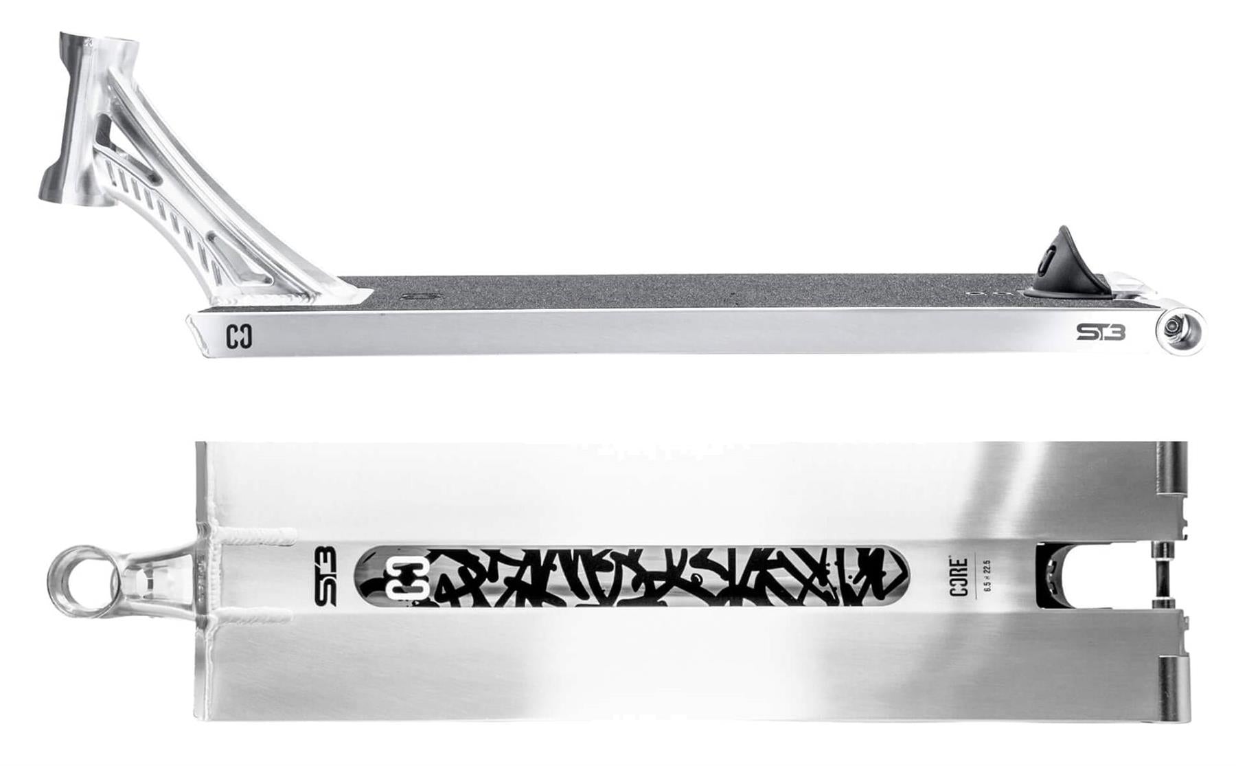 Two views of the CORE ST3 Forged Polished Street Stunt Scooter Deck by CORE (6.5" x 22.5"): side profile with grip tape and headtube, and bottom view featuring black graffiti-style graphics and branding along the center.