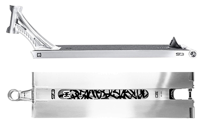 Two views of the CORE ST3 Forged Polished Street Stunt Scooter Deck by CORE (6.5" x 22.5"): side profile with grip tape and headtube, and bottom view featuring black graffiti-style graphics and branding along the center.