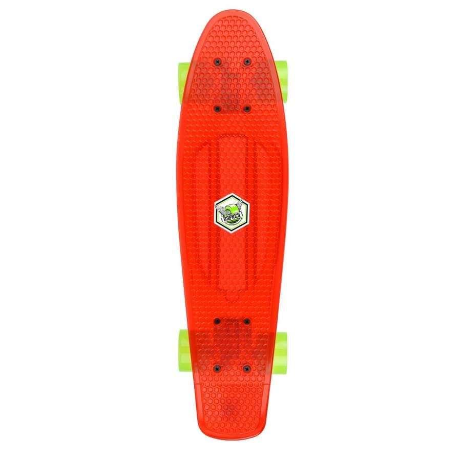 The Osprey Retro Cruiser Skateboard - Red/Green 22.5" features a bright red PU plastic deck with a textured surface, lime green wheels, and a small hexagonal cartoon sticker. Perfect for beginners, it's shown from above on a white background. Brand: Osprey.