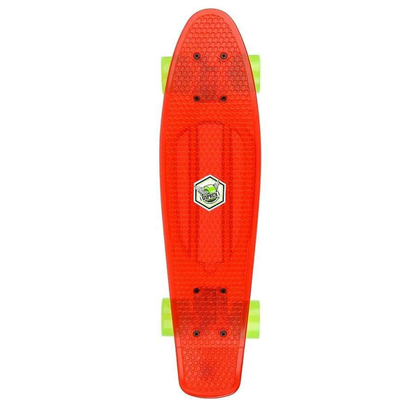 The Osprey Retro Cruiser Skateboard - Red/Green 22.5" features a bright red PU plastic deck with a textured surface, lime green wheels, and a small hexagonal cartoon sticker. Perfect for beginners, it's shown from above on a white background. Brand: Osprey.