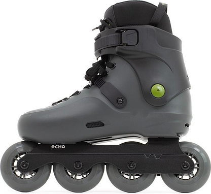 The Echo Sonar 4 Wheel Inline Freeskates - Black by Echo features a dark gray design with black laces, strap buckle, four wheels, and a green circular detail. "ECHO" is printed on the black frame—ideal for urban adventures.