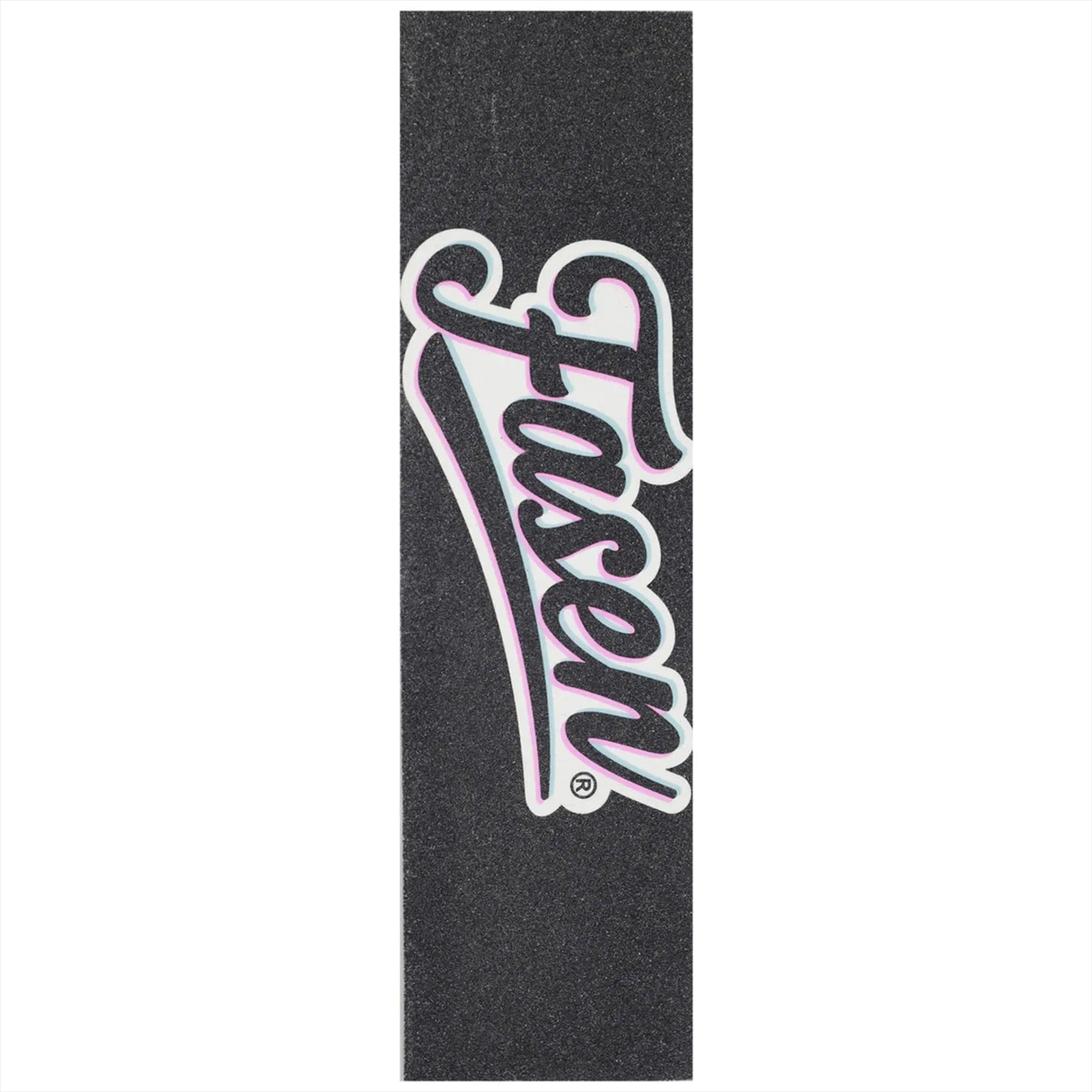The Fasen Logo Stunt Scooter Griptape - Baseball is a black rectangular griptape from Fasen, featuring bold white “Fasen” lettering with a pink outline—ideal for adding style to your stunt scooter or baseball-themed setup.