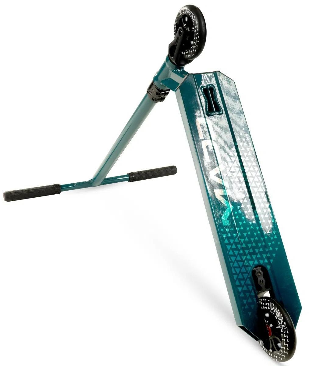 The Madd Gear Viral KAOS Complete Stunt Scooter in Denim features black grips, black wheels, and a geometric-patterned deck with "LEVY" in white—ideal for mastering tricks just like the Viral Kaos.