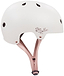The Rio Roller Rose Skate/Scooter Helmet in cream features a matte finish, the "Rio Roller" logo, ventilation holes, and an adjustable pink strap with a buckle—perfect for scooter enthusiasts seeking style and safety.