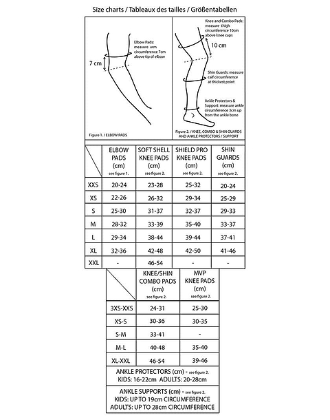 Black and white size chart for GAIN Protection Stealth Pro Adult Ankle Support - Black (XXS to XL) by GAIN, with measurements in centimeters and diagrams showing how to measure ankle circumference for impact protection.