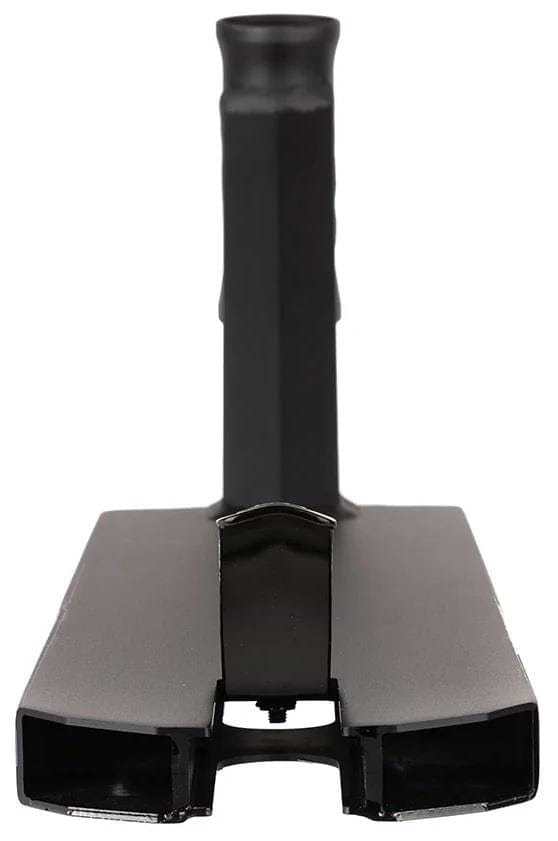 Close-up of the Lucky Jayden Sharman V4 Signature Stunt Scooter Deck (5" x 19.5"), a black, rectangular 6061-T6 aluminum deck with two hollow base sections and a central vertical support—precision built for technical riding.