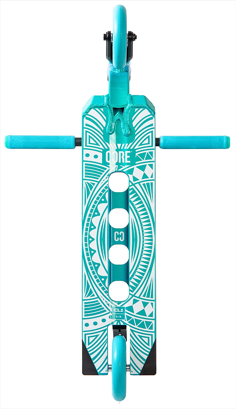 A top-down view of the CORE CL1 Complete Stunt Scooter - Turtlesent in turquoise, featuring geometric patterns and bold white circles on the deck, with matching handlebar grips and wheels—perfect for skatepark enthusiasts.