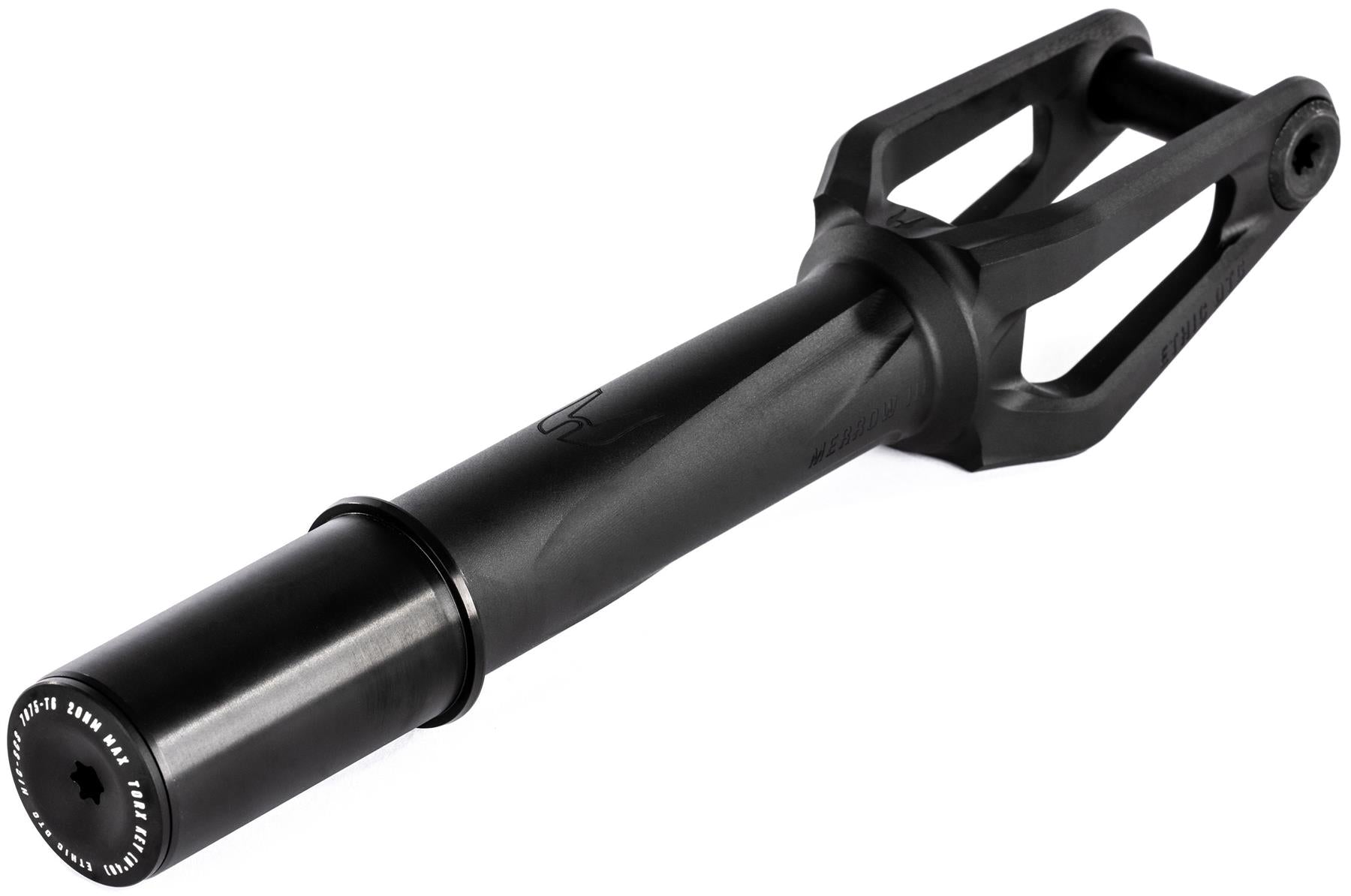 The Ethic DTC Merrow V3 8/12STD HIC Stunt Scooter Forks in black feature a slim tube, two-pronged arms for wheel security, and smooth matte finish with end cap markings. Brand: Ethic.