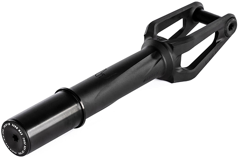The Ethic DTC Merrow V3 8/12STD HIC Stunt Scooter Forks in black feature a slim tube, two-pronged arms for wheel security, and smooth matte finish with end cap markings. Brand: Ethic.