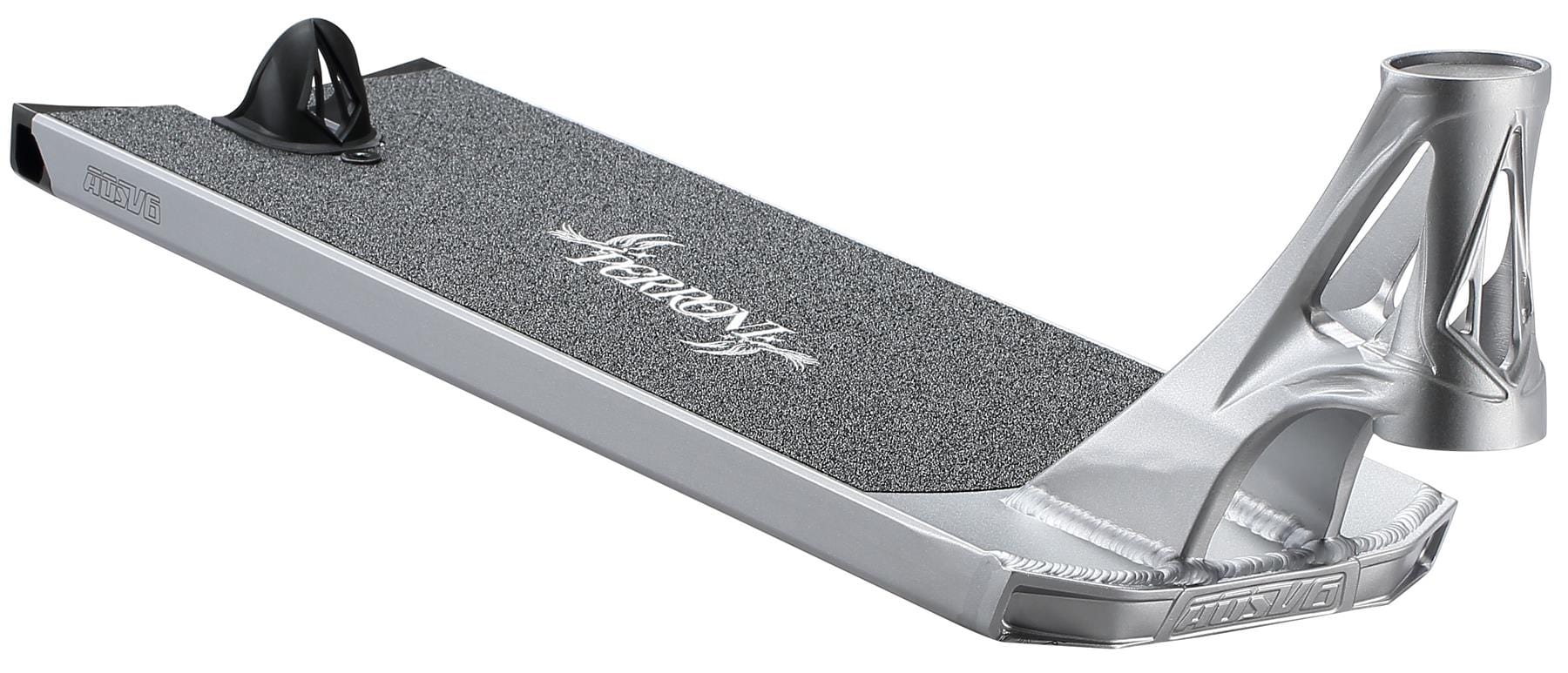 The Blunt Envy AOS V6 Jonathan Perroni Signature Stunt Scooter Deck (6.5" x 23") in silver features black grip tape, an engraved logo, and a durable angular headtube for secure handlebar attachment.
