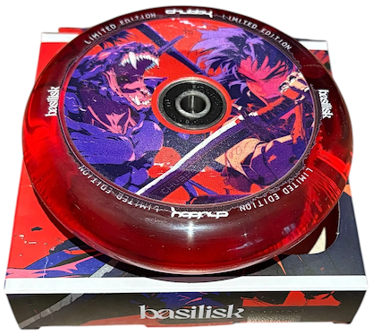 The Chubby Hollowcore 110mm Stunt Scooter Wheel - Basilisk Limited Edition features a red translucent design with two anime-style sword-wielders and comes in a matching box—ideal for fans seeking unique stunt scooter wheels from Chubby.