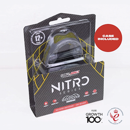 The Safejawz Nitro Series Protection Mouthguard in Grey/Yellow, for ages 12+, comes with a clear case. Black and gray packaging shows a "CASE INCLUDED" badge, plus anti-microbial and quality logos at the bottom right.