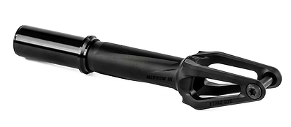 The Ethic DTC Merrow V3 IHC Stunt Scooter Fork in black is crafted from 7075 aluminium, features a smooth cylindrical tube with an open, angular pronged end and branded "MERROW III" and "ETHIC DTC" on the side—one of the lightest forks available.