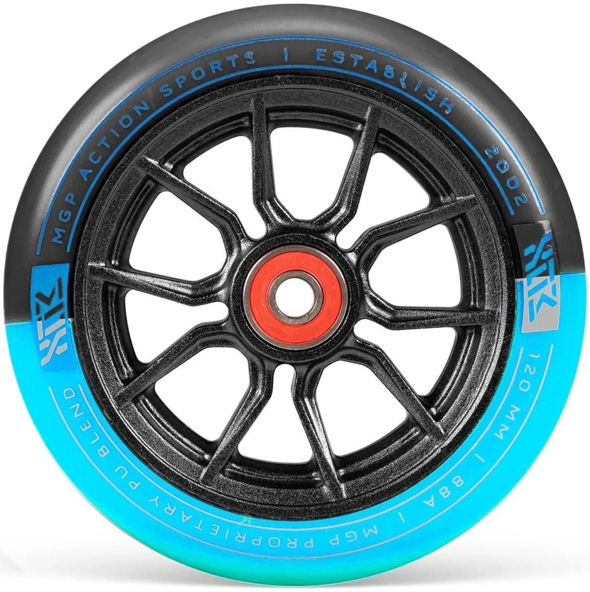 The Madd Gear MFX Syndicate AR120 Dual Urethane Stunt Scooter Wheel in Black/Sky Blue with a red ABEC 11 bearing features “MGP Action Sports | Establish 2002” and “120 MM | 88A | MGP Proprietary Blend”—perfect for MFX 120mm scooters.