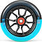 The Madd Gear MFX Syndicate AR120 Dual Urethane Stunt Scooter Wheel in Black/Sky Blue with a red ABEC 11 bearing features “MGP Action Sports | Establish 2002” and “120 MM | 88A | MGP Proprietary Blend”—perfect for MFX 120mm scooters.