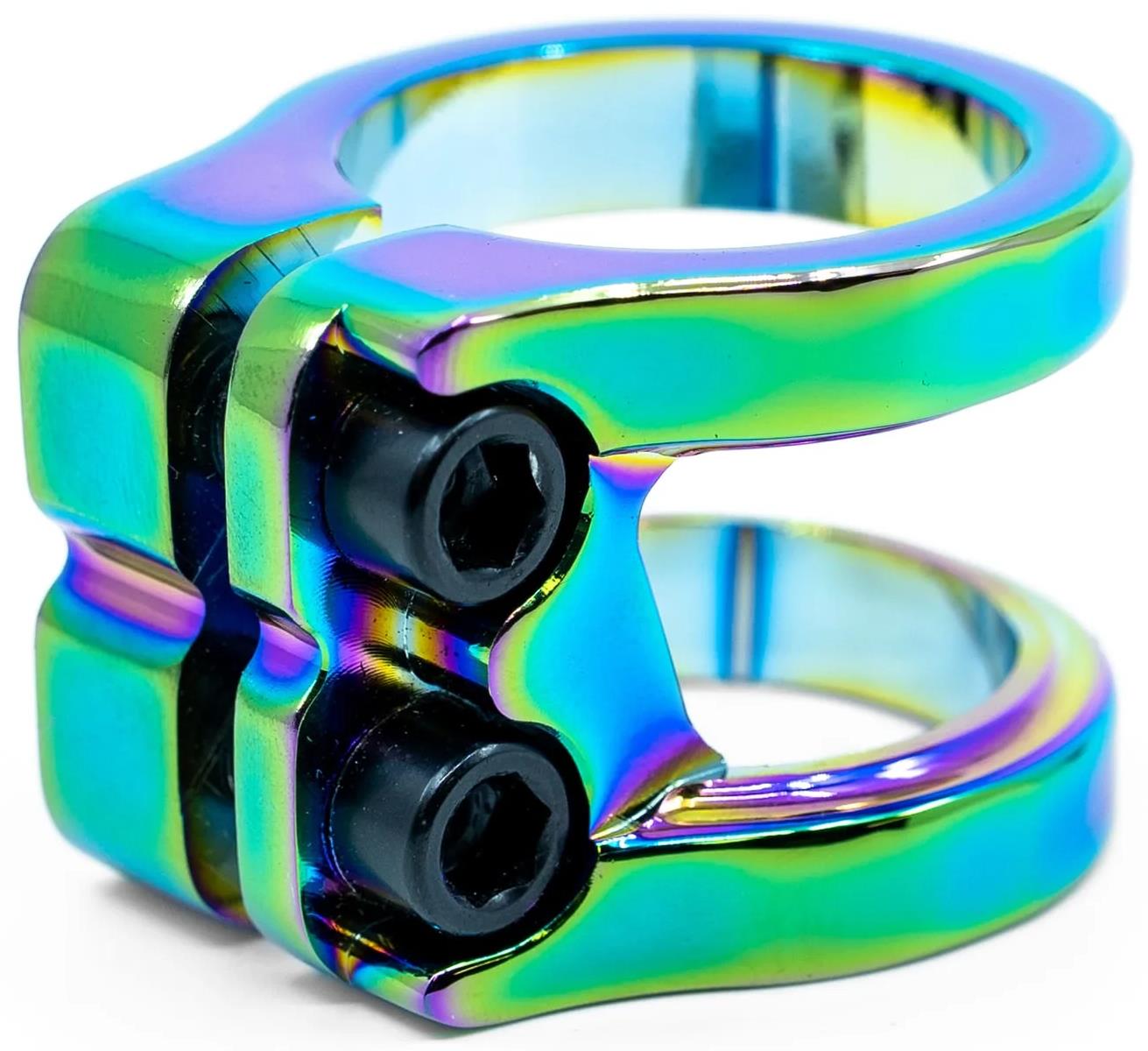 The CORE Venom 2 Bolt Oversized Stunt Scooter Clamp in Neochrome features an iridescent blue, green, and purple finish and includes two black hex screws to securely fasten scooter parts. Lightweight and stylish from the brand CORE.