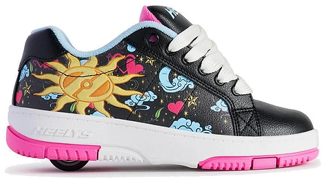 The Heelys Kolect Prints Girls Shoes in black, blue, and neon pink feature fun suns, stars, hearts, and clouds that glow in the dark. With white laces and a wheel in the heel, these Heelys offer rolling fun and eye-catching style.