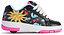 The Heelys Kolect Prints Girls Shoes in black, blue, and neon pink feature fun suns, stars, hearts, and clouds that glow in the dark. With white laces and a wheel in the heel, these Heelys offer rolling fun and eye-catching style.
