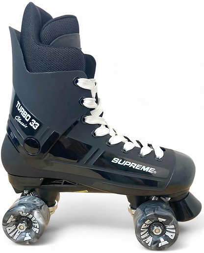 The Supreme Turbo 33 Nylon Quad Roller Skates in black, with bold “Supreme Turbo 33” branding and black swirl wheels, are set against a clean white background.