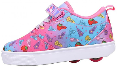 The Heelys Pro 20 X2 Girls Shoes by Heelys feature a pink and cyan gradient nylon upper with strawberry, flower, ring, and bow details, a shiny pink strap, white sole, and two heel wheels with ABEC 5 bearings.