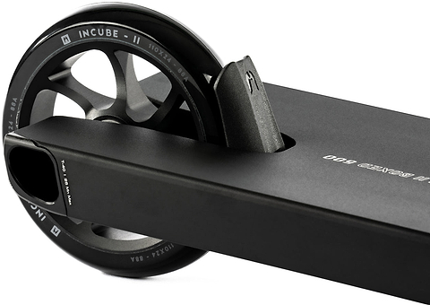 Close-up of the rear wheel, brake, and deck of a black scooter fitted with an Ethic DTC Stunt Scooter 8 STD Fender V2, highlighting detailed textures and design on the wheel and deck. Brand: Ethic DTC.
