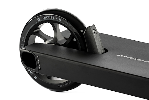 Close-up of the Ethic DTC Stunt Scooter 8 STD Fender V2 in black, highlighting the detailed rear wheel rim and integrated fender by Ethic DTC for enhanced stunt performance.