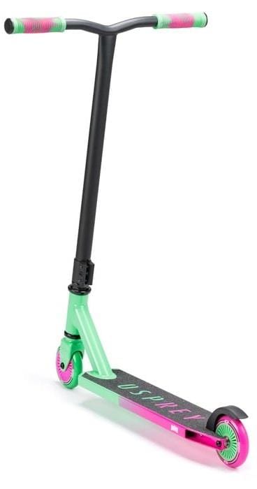 The Osprey Bomb Complete Stunt Scooter - Pink / Green by Osprey is a two-wheeled entry-level scooter with a black handlebar, mint green frame, and pink accents—ideal for beginner riders.