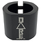 The Dare Warlord 2 Bolt Standard Stunt Scooter Clamp in black, crafted by Dare, is a CNC machined, lightweight metal clamp featuring a hexagonal shape with an engraved "Dare" name and a slit for tightening. It offers exceptional grip and durability, making it perfect for extreme sports enthusiasts.