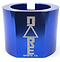 The Dare Warlord 2 Bolt Standard Stunt Scooter Clamp by Dare, in a striking blue metallic finish, is crafted from robust 6061 T6 aluminium and showcases the "DARE SPORTS CO." branding engraved in silver, featuring an innovative triangular design integrated into the lettering.