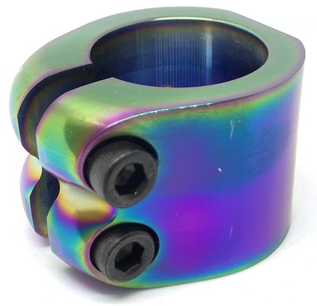 Introducing the Dare Warlord 2 Bolt Standard Stunt Scooter Clamp in Neochrome—a lightweight, CNC machined clamp showcasing a striking rainbow metallic finish, complete with two sleek black hex screws on the side. This stunning addition is ideal for any stunt scooter enthusiast and is elegantly displayed against a plain white background.