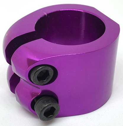 The Dare Warlord 2 Bolt Standard Stunt Scooter Clamp in purple, crafted with CNC machining, features two black bolts and a lightweight design to perfectly fit around a cylindrical object, making it an ideal upgrade for your stunt scooter setup.