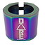 The Dare Warlord 2 Bolt Standard Stunt Scooter Clamp in Neochrome is a CNC machined, lightweight cylindrical clamp featuring a geometric design and the "DARE SPORTS CO." logo in white. It has a metallic, iridescent rainbow finish with a visible black screw at the top.