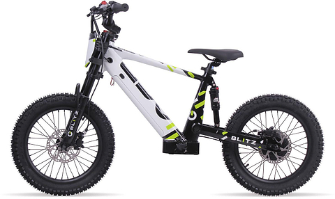 The Duo 18" Blitz Kids Electric Balance Bike in white and black features thick knobby tires, front and rear suspension, disc brakes, and green accents. Shown side profile on a white background. Brand: Duo.