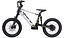 The Duo 18" Blitz Kids Electric Balance Bike in white and black features thick knobby tires, front and rear suspension, disc brakes, and green accents. Shown side profile on a white background. Brand: Duo.