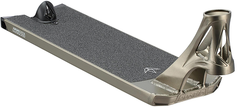 A close-up of the Blunt Envy AOS V6 Squad Olive Stunt Scooter Deck (6" x 22") featuring black grip tape, a cutout wheel guard, and an intricately designed headtube—ideal for riders seeking a premium stunt scooter deck.