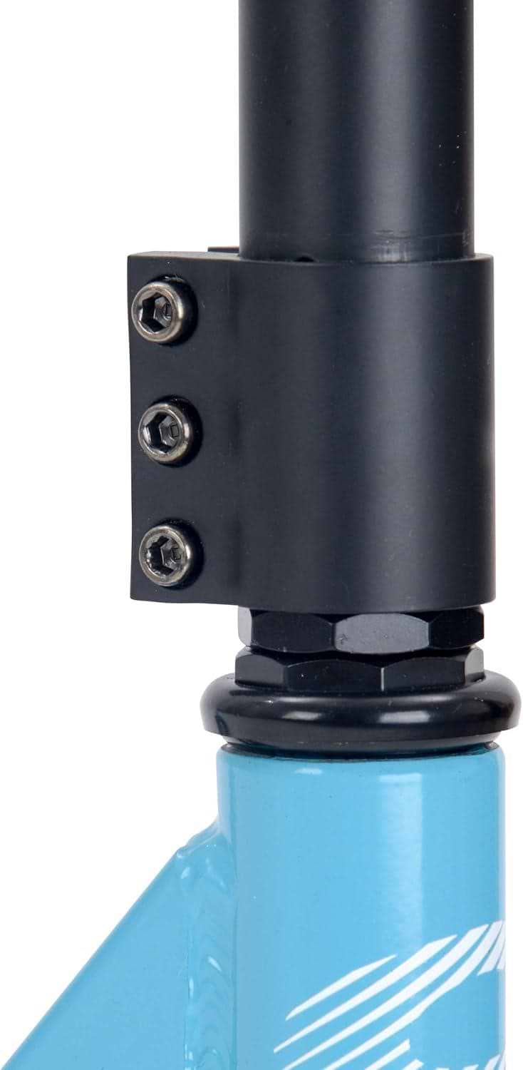 Close-up of the black clamp with three bolts attaching the handlebar to the light blue frame of the Osprey Complete Dirt Scooter by Osprey.