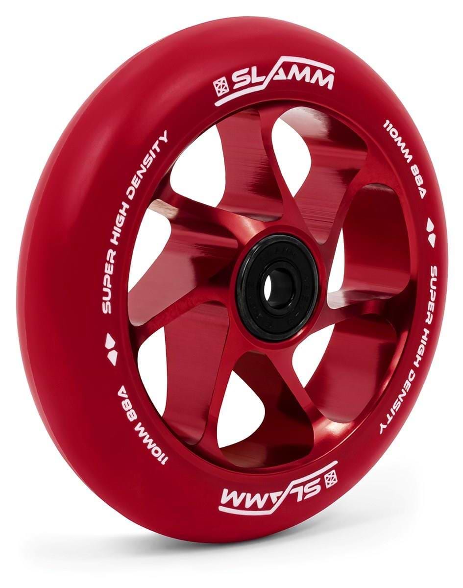 The Slamm Team 110mm Stunt Scooter Wheel - Red / Red features a premium aluminium core, black central bearing, and high-rebound PU for great performance. Includes “SLAMM,” “SUPER HIGH DENSITY,” and “110MM 88A” text in white.