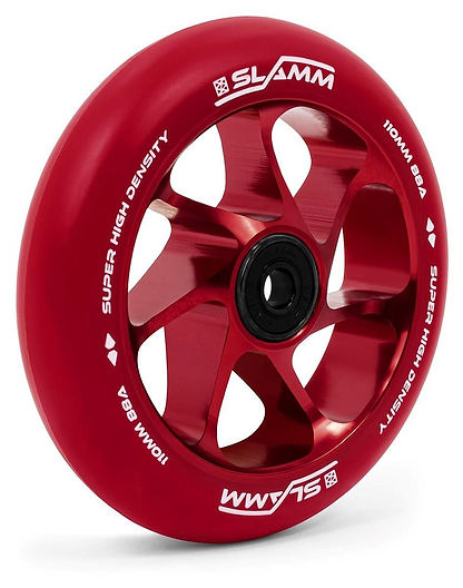 The Slamm Team 110mm Stunt Scooter Wheel - Red / Red features a premium aluminium core, black central bearing, and high-rebound PU for great performance. Includes “SLAMM,” “SUPER HIGH DENSITY,” and “110MM 88A” text in white.