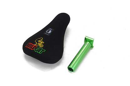 A black Wildcat OG Pro Mini BMX bike seat with a yellow-green-red cyclist logo and "Wildcat," next to a metallic green neochrome seat post, perfect for your Joker Green Mini BMX, is displayed on a white background.