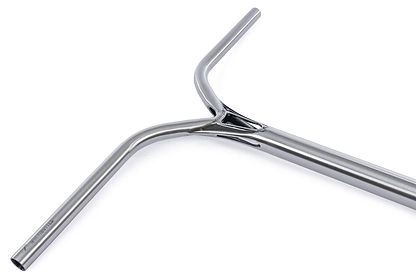 The Ethic DTC Deildegast V2 Steel Oversized HIC Stunt Scooter Bars in Raw Silver (670mm x 600mm) feature a Y-shaped chrome handlebar and welded reinforcements, crafted from strong 4130 Chromoly Steel. Shown on a white background.