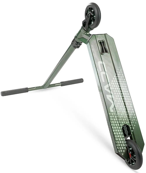 The Madd Gear Viral KAOS Complete Stunt Scooter - Forest features a green deck with geometric white patterns, black griptape, black wheels, and straight handlebars with black grips—ideal for progressing your stunt skills.