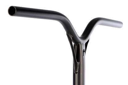 A close-up view of the Ethic DTC Dynasty V2 Steel Standard ICS-10 stunt scooter bars in black, featuring a Y-shaped design and a smooth matte finish, measuring 670mm x 580mm.