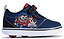 The Heelys Pro 20 Prints X2 Boys Shoes in navy and red feature wheels in the sole, a cartoon character with a skateboard and flames, a black "Heelys" strap, and a white sole. Brand: Heelys.